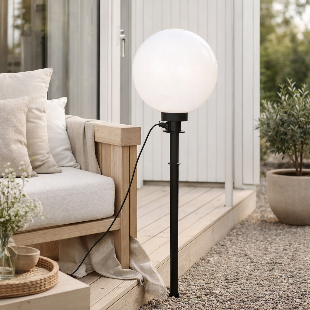 À l'extérieur de la broche Spittical Ball D: 50 cm, pour l'extérieur, une brochette de terre en plastique, blanc, e27, - Wegelettes en situation