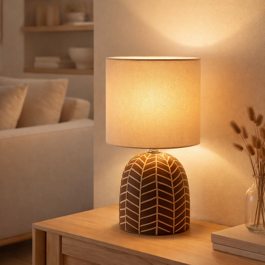 Lampe de table en céramique folio marron, lampe de table en céramique en marron, avec version E14, pour salle à manger, salon, couloir ou bureau, 27,50 cm de haut en situation