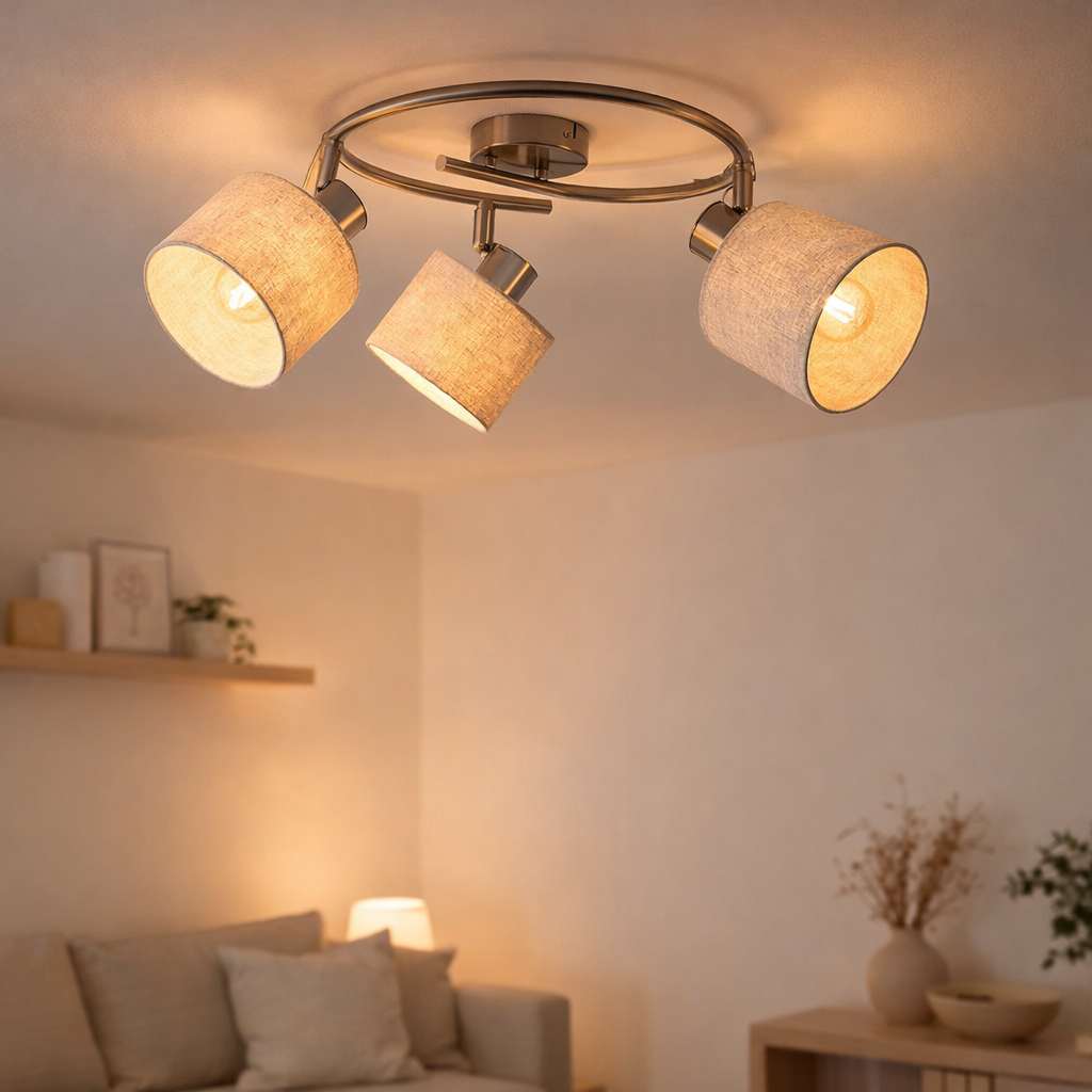 Mur et plafond à 3 places «Maron» en métal-satin-matt avec parasols en tissu dans la nature, avec version E14, lampe pour le salon, salle à manger, couloir et bureau, 28,5 cm de diamètre en situation