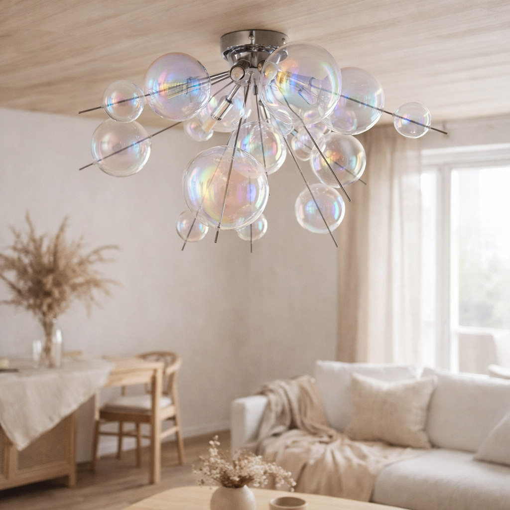 Plafond Explosion Iris en métal et verre, versions G9, plafond pour salle à manger, salon, couloir ou bureau, Ø57 cm en situation