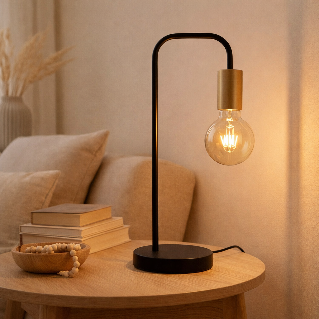 Lampe de table modo en métal en noir, composés en or, douille E27, lampe de table pour salon, salle à manger, cuisine, couloir, couloir ou bureau, 39 cm de haut en situation