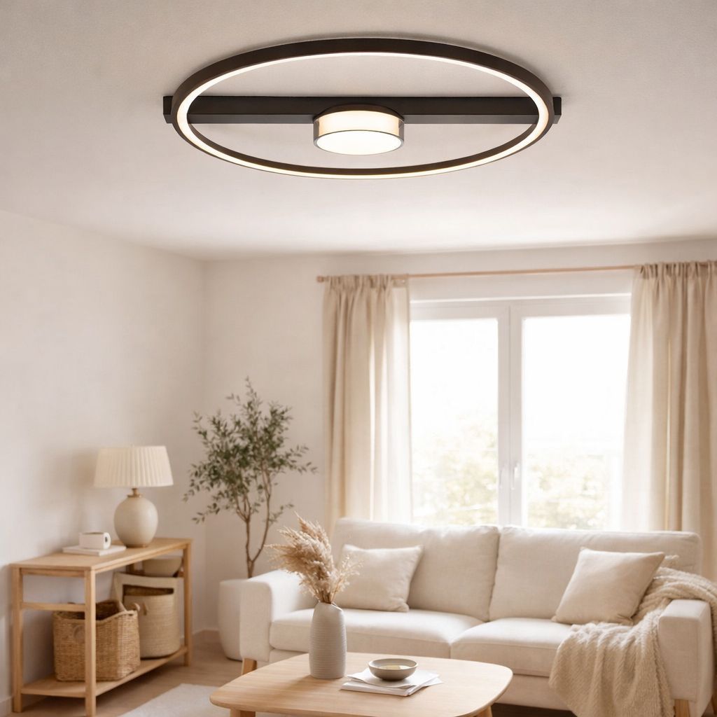 Plafond LED CIMO en métal noir et plastique, 40 cm de long, dimmable par interrupteur mural en situation