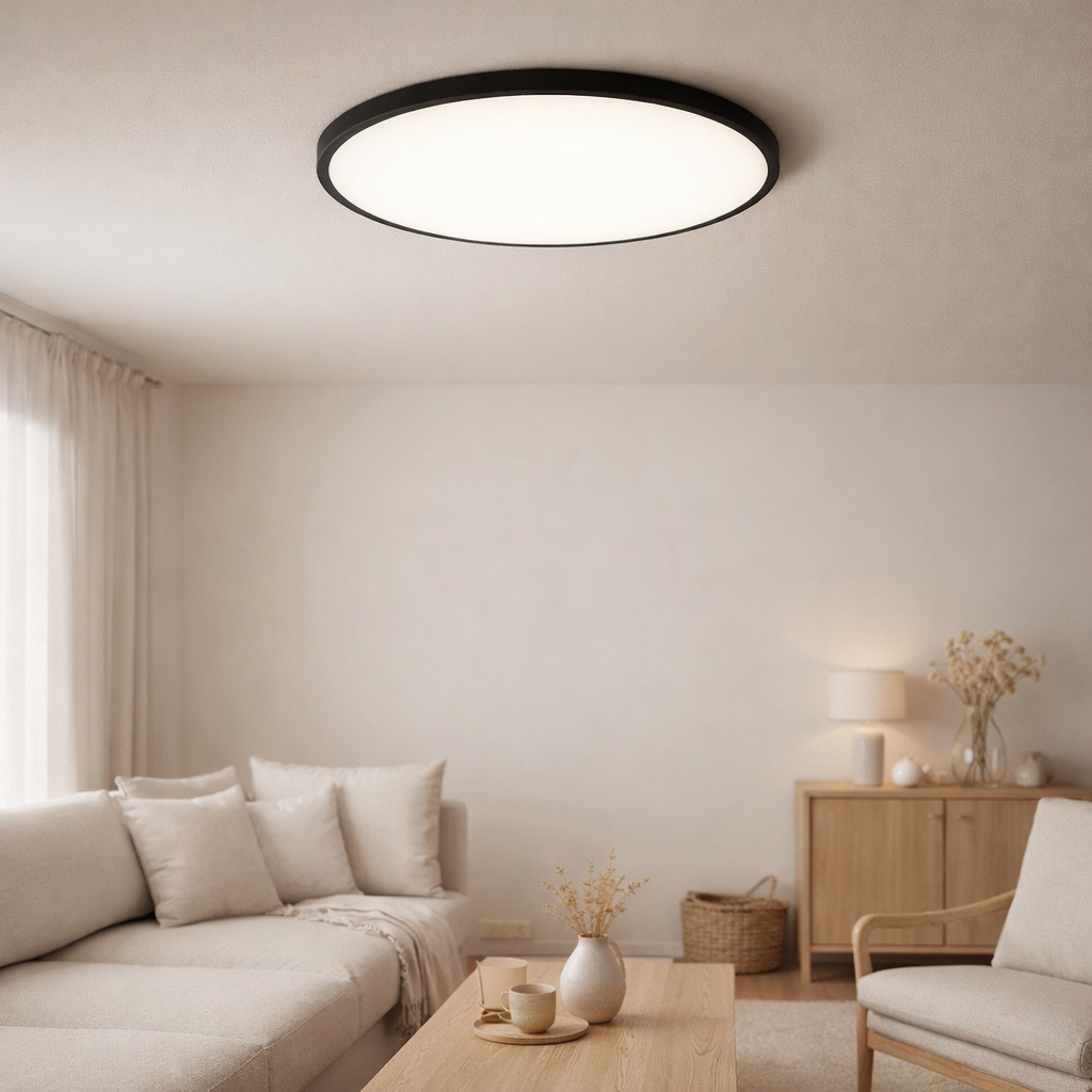 Le plafond LED Carlo avec RVB-Backlight, Ø de 54 cm, plafond classique moderne en plastique noir / blanc avec de nombreuses fonctions, par ex. en situation