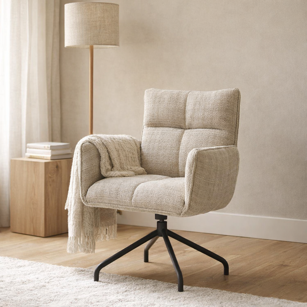 Fauteuil Nova Tissu Cremona %2314 Beige - Structure rotative 360 noir P14 en situation