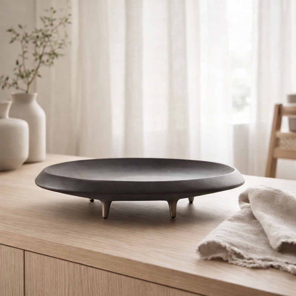 Nouvelle assiette design haut de gamme en céramique moderne East+West, OTA06BB en situation