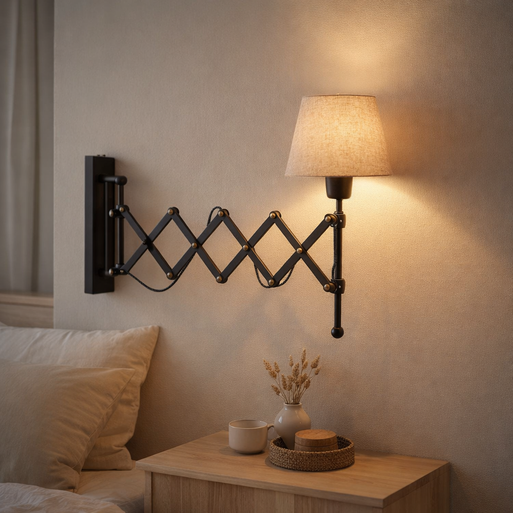 Lampe murale de cisaillement Adrienne extensible jusqu'à 49 cm, la lampe murale rétro en métal et textile en marron et nature, pour les lampes E27, les lumières murales pour le salon en situation