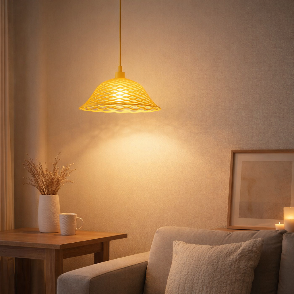 La lampe pendentielle en silicone Cera en jaune en situation