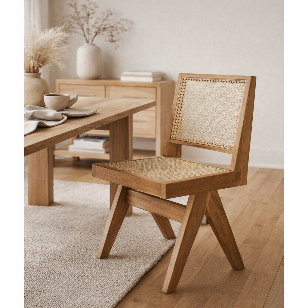 chaise Pierre Jeanneret coloris chêne clair + rotin, haute qualité en situation