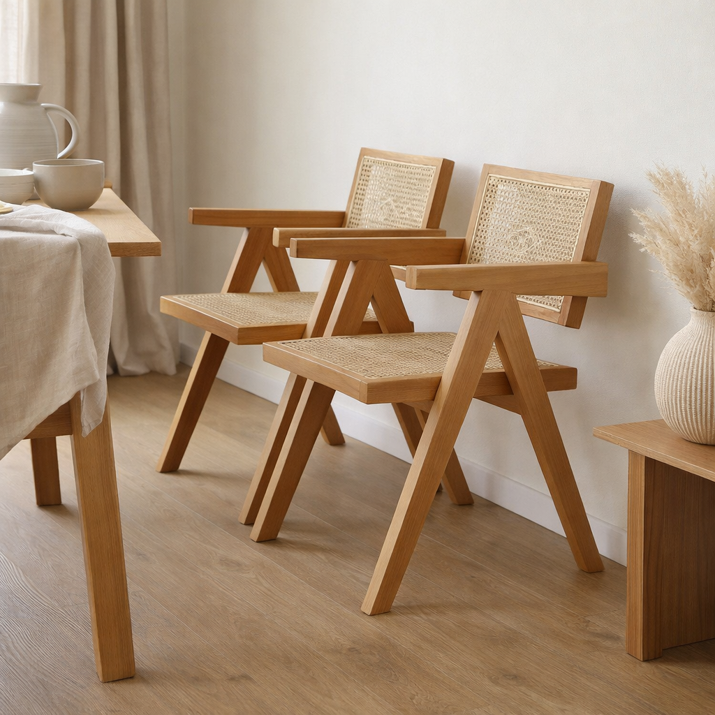 Chaise Chandigarh populaire - Style Pierre Jeanneret - Bois et rotin - haute qualité - Clear ou Walnut en situation