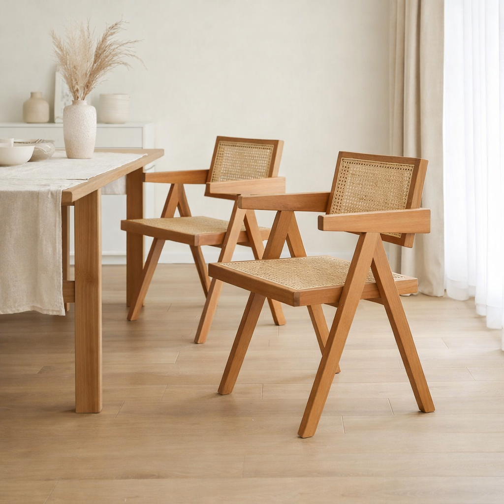 Chaise Chandigarh populaire - Style Pierre Jeanneret - Bois et rotin - haute qualité - Clear ou Walnut en situation