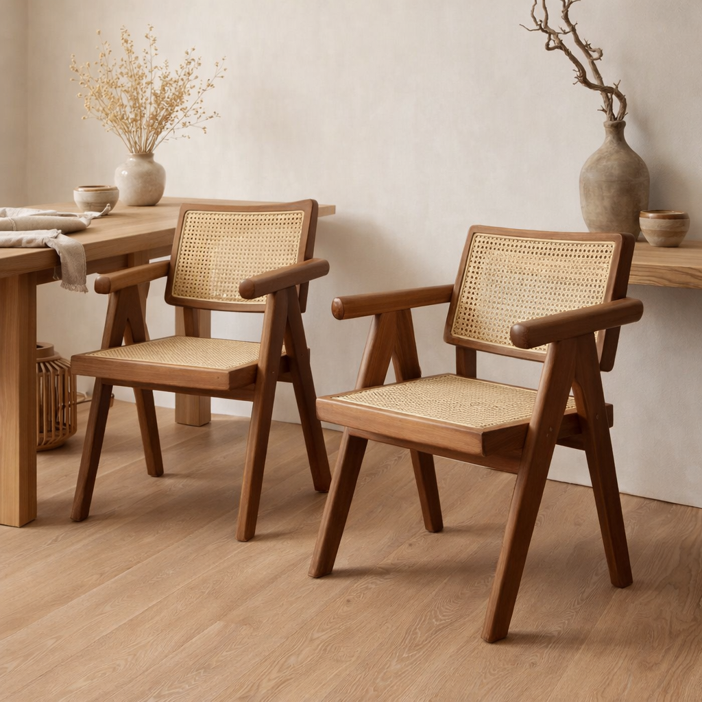 Chaise de conception de luxe Pierre Jeanneret Walnut Couleur + rotin, qualité supérieure - Chandigarh en situation