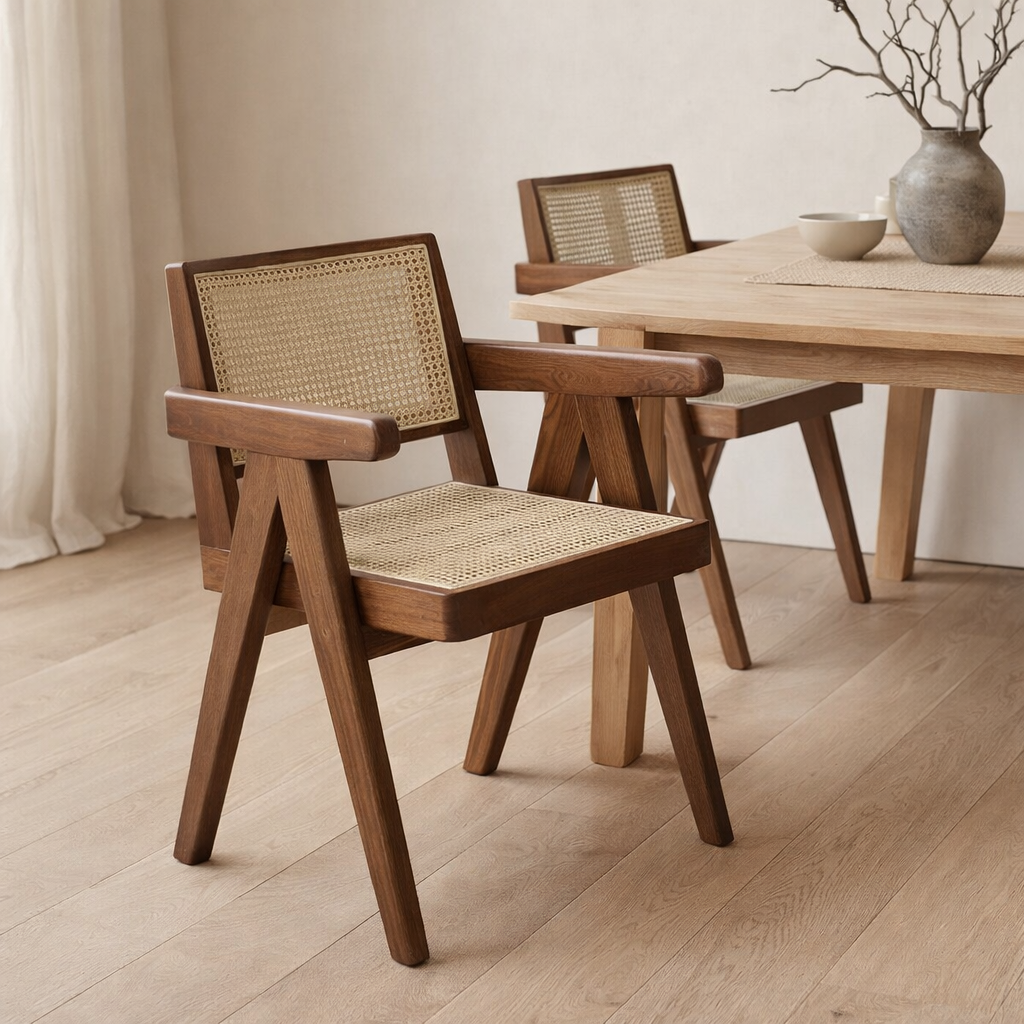 Chaise de conception de luxe Pierre Jeanneret Walnut Couleur + rotin, qualité supérieure - Chandigarh en situation