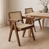Chaise de conception de luxe Pierre Jeanneret Walnut Couleur + rotin, qualité supérieure - Chandigarh en situation