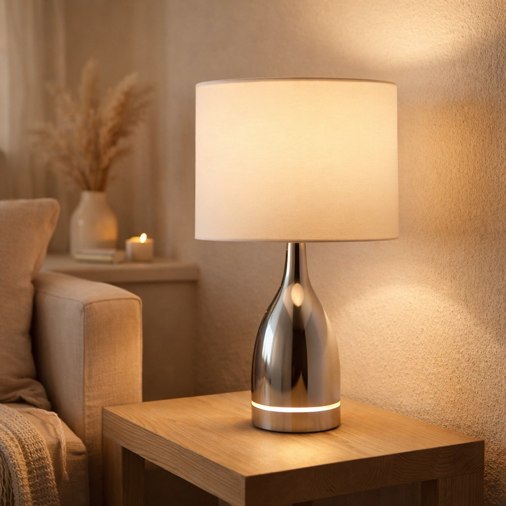 La lampe de table LED Cosima mesure 43,5 cm de haut, parapluie Ø 25 cm, en métal, en plastique, matériau textile dans les couleurs chrome et blanc. Les deux LED intégrés dans le pied léger et la version E14 en situation