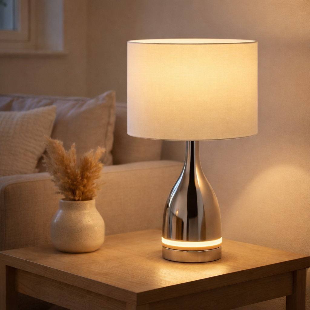La lampe de table LED Cosima mesure 43,5 cm de haut, parapluie Ø 25 cm, en métal, en plastique, matériau textile dans les couleurs chrome et blanc. Les deux LED intégrés dans le pied léger et la version E14 en situation