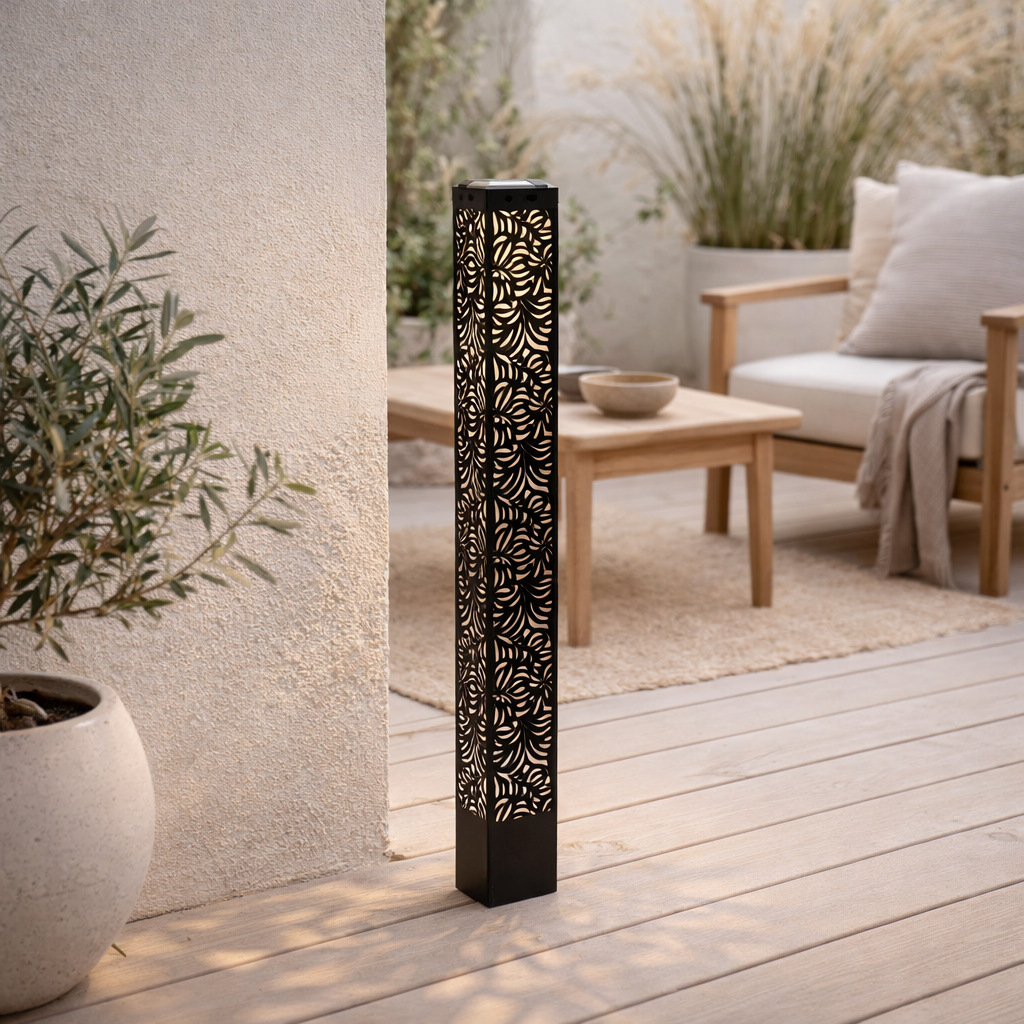 Lumière solaire / décolage Ima en métal noir, blanc chaud, avec capteur crépusculaire, env. 61,7 cm de haut, pour la zone extérieure en situation