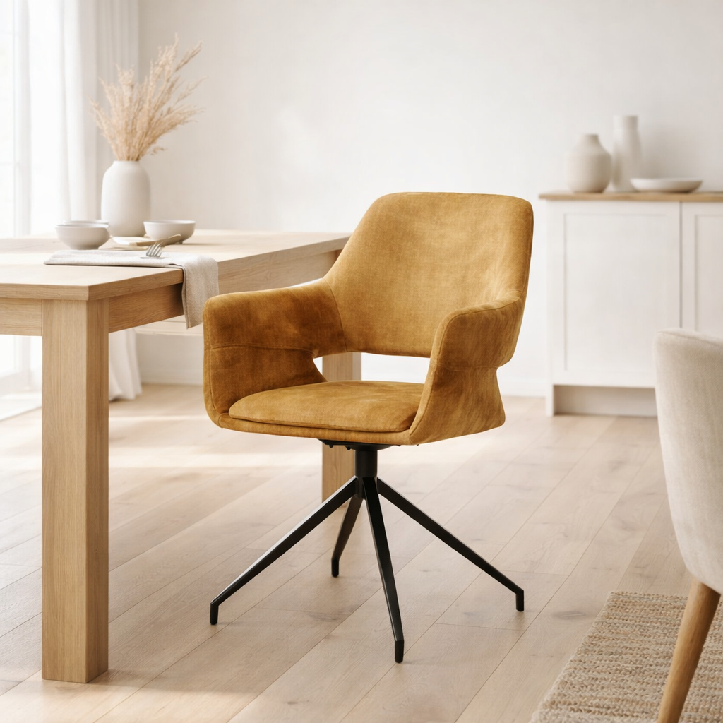 Chaise de bras katy m4 - poussière aurore velours or - tourner le pied en situation