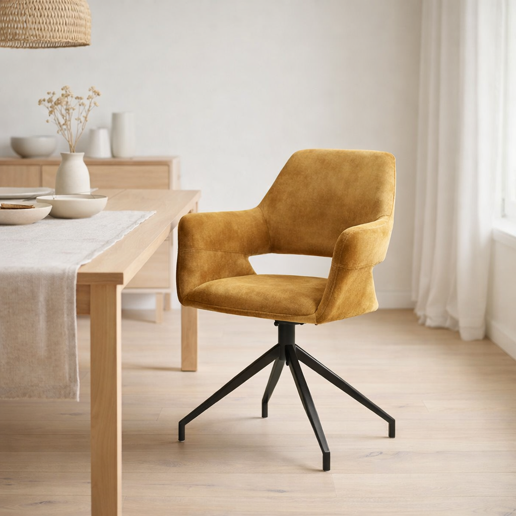 Chaise de bras katy m4 - poussière aurore velours or - tourner le pied en situation
