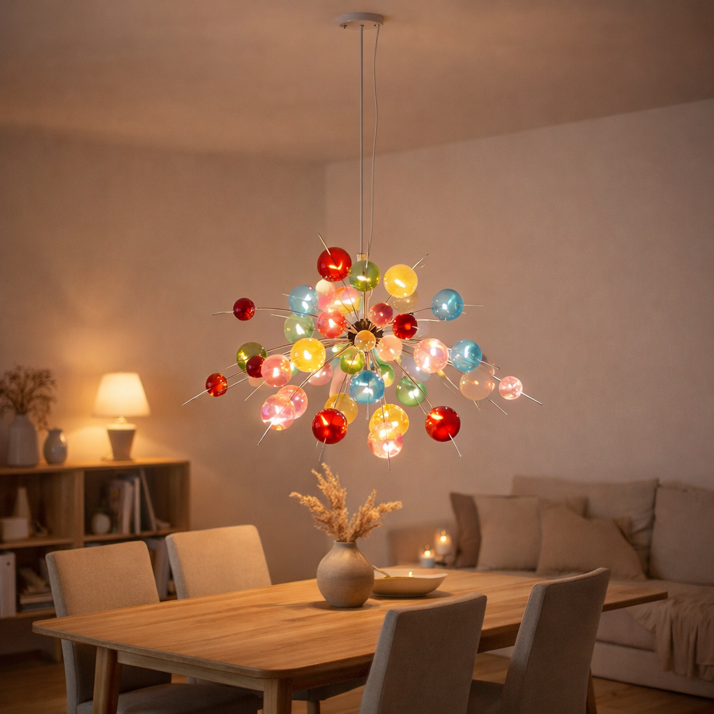 La lampe pendentielle explosion colorée en métal et en verre, versions G9, lampe suspendue pour salle à manger, salon, hall ou bureau, Øca. 98 cm en situation