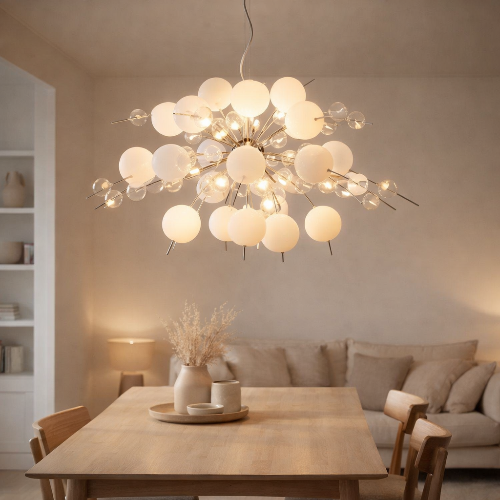 La lampe pendentielle explosion blanche, en métal et en verre, versions G9, lampe suspendue pour salle à manger, salon, hall ou bureau, Øca. 98 cm en situation