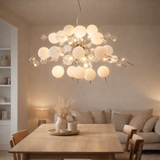 La lampe pendentielle explosion blanche, en métal et en verre, versions G9, lampe suspendue pour salle à manger, salon, hall ou bureau, Øca. 98 cm en situation