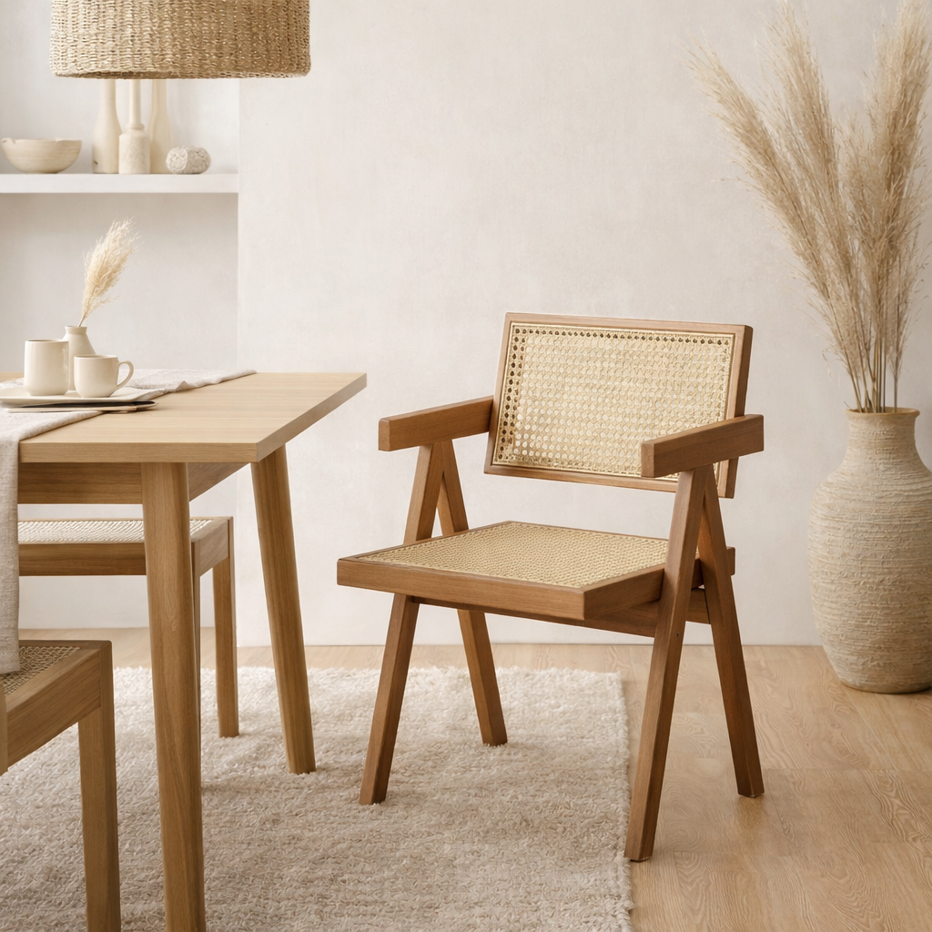 chaise Pierre Jeanneret bois + rotin, haute qualité en situation