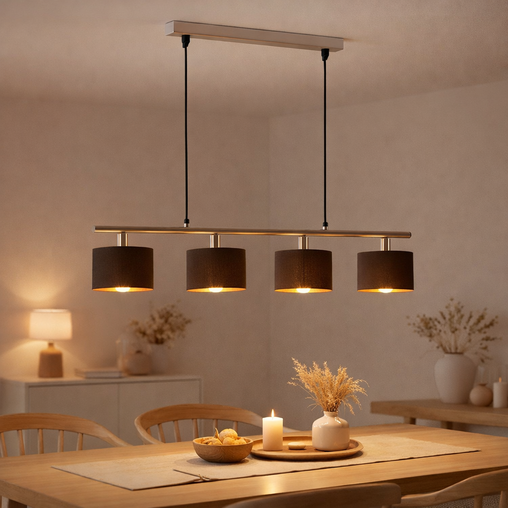 4 pendentif maron en métal-satin-matt avec parasols en tissu en marron, avec une douille E14, lampe pour le salon ou la salle à manger, 71,5 x 12 cm en situation