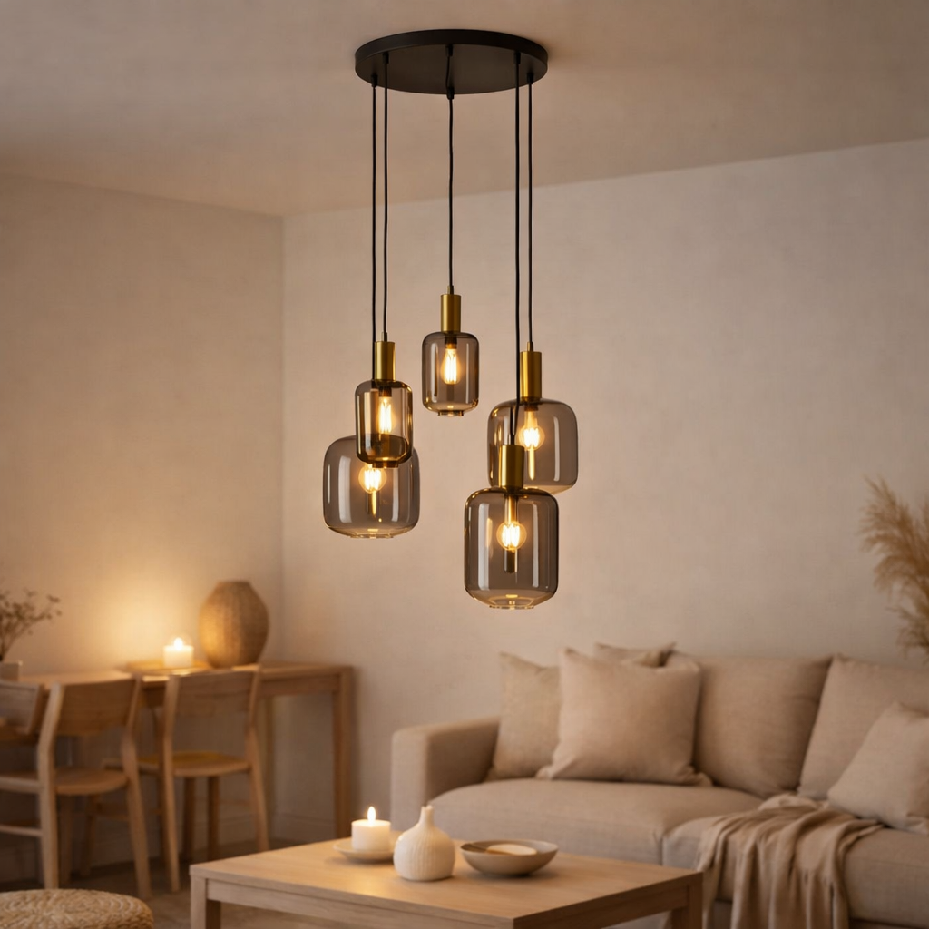 5 Lampe pendentielle FUMO, lampe à pensionnaire en métal et en verre en noir, avec une douille E14, pour la salle à manger, le salon, le couloir ou le bureau, lampe suspendue Ø Env. en situation