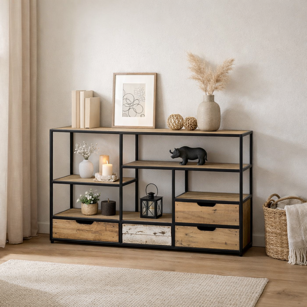 Étagère sur pied diviseur de pièce étagère à livres étagère multimédia étagère 130x60x36cm Liverpool cadre en métal noir en situation
