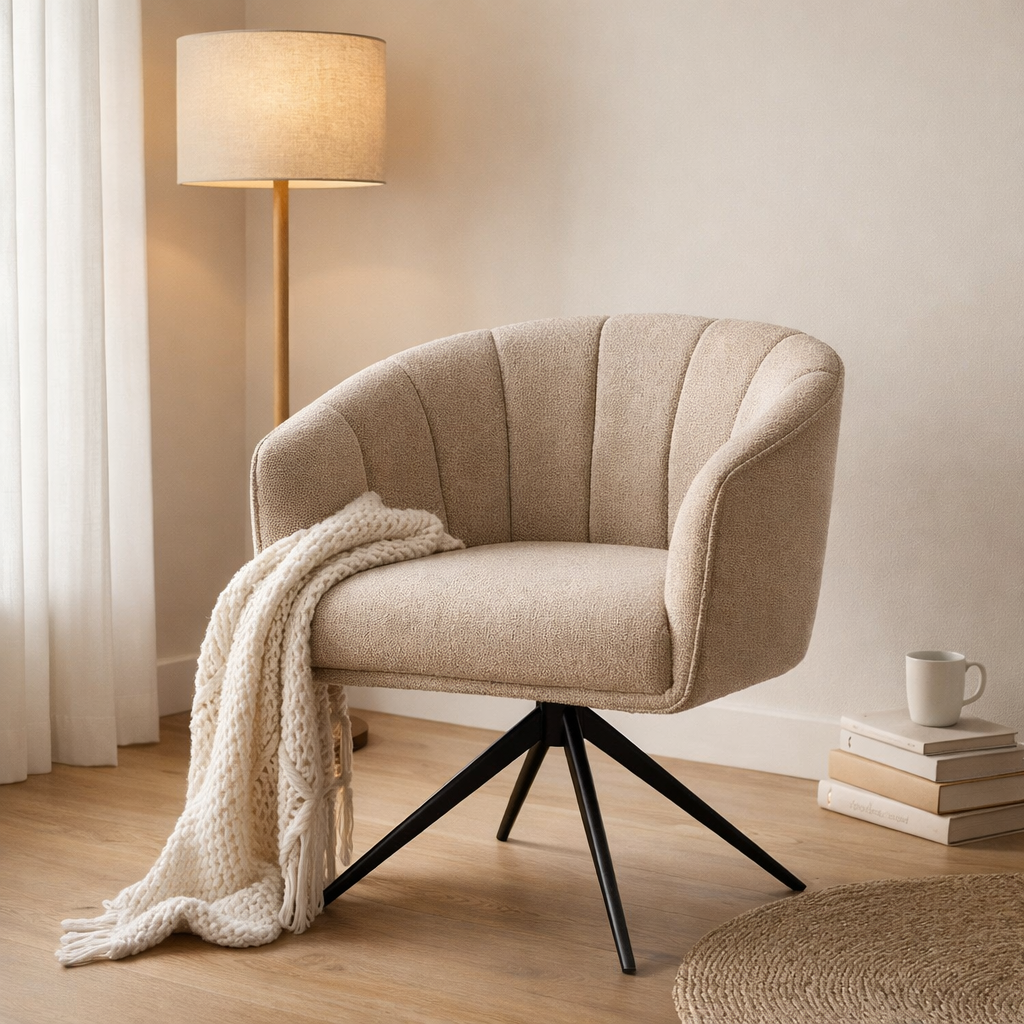 Fauteuil Cocoon Tissu Sahara Champignon - Piètement Rotatif 360 Noir en situation
