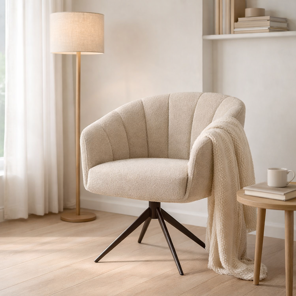 Fauteuil Cocoon Tissu Sahara Lin - Structure Rotative 360 Marron Anodique en situation