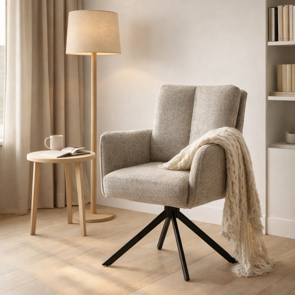 Fauteuil Alex Tissu Cremona %2304 Naturel - Structure rotative 360 noir A360 en situation