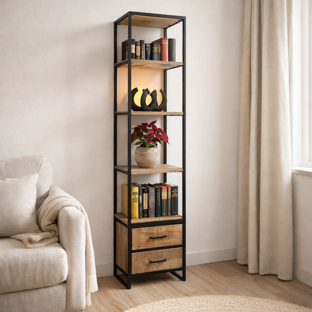 Étagère bibliothèque étagère sur pied 40x180x40 cm avec tiroirs Liverpool cadre en métal noir en situation