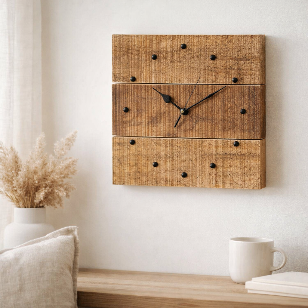 HOLZHR Mur Horloge 30x30cm salon en bois Square en silence en bois de mangue massif en situation