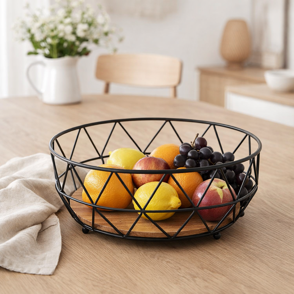 Corbeille à fruits 12 parties ø 28 cm H 10 cm corbeille à pain en métal coupe à fruits ronde néo métal noir en situation