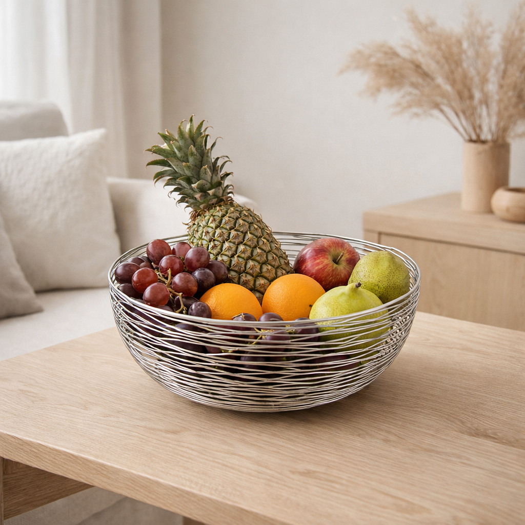 Panier de fruits Ø 30 cm H 13 cm Bol de panier à pain bol en métal argent rond ou structure en fil métallique de poupée en or en situation