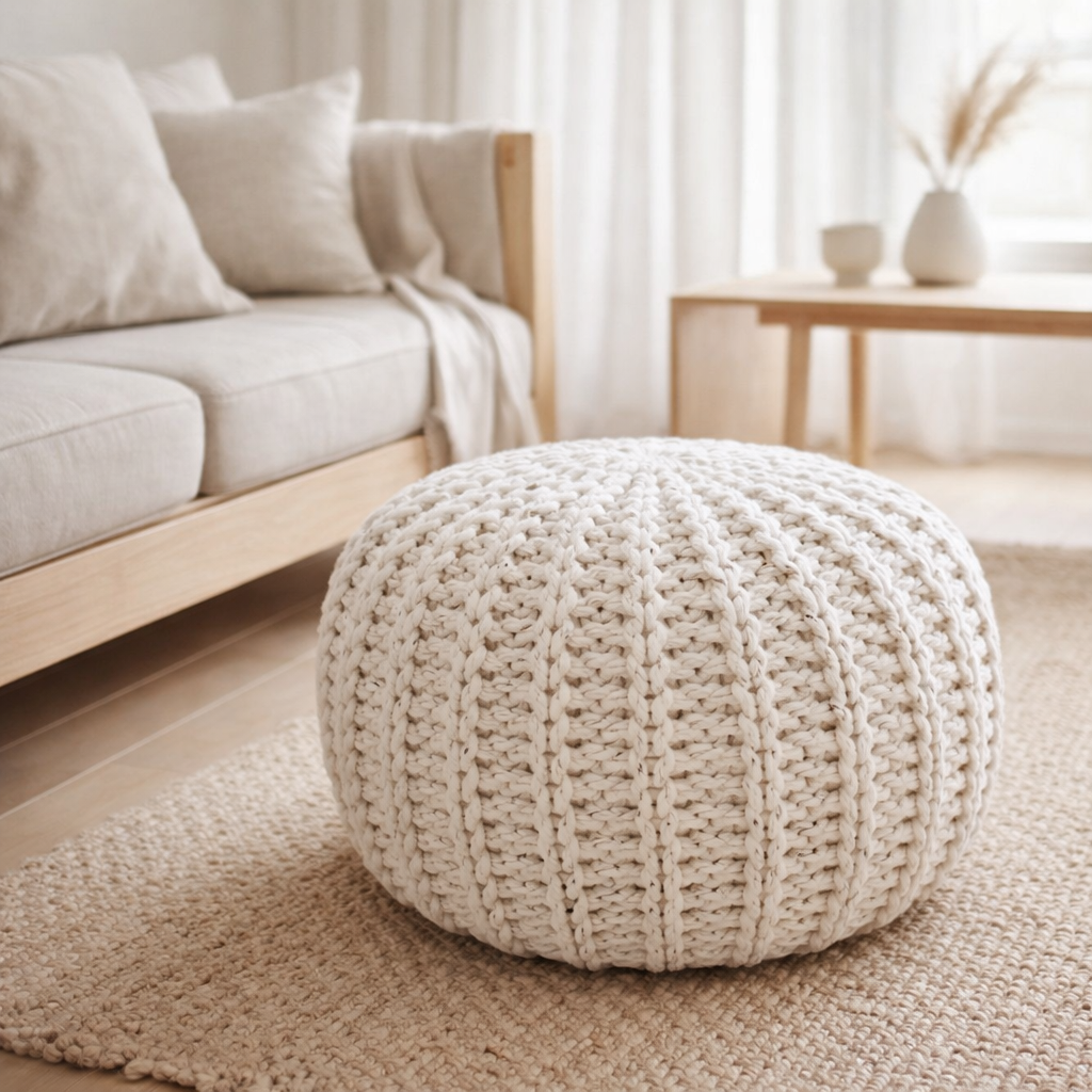 Tabouret de tricot pouf Ø 45 h 30 cm cm siège pouf tricot plancher en situation