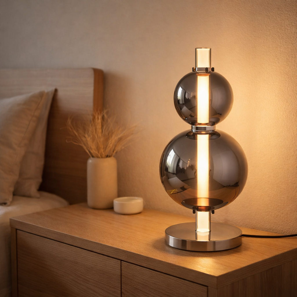 Lampe de table à LED Nova Chrome en métal et verre fumée, avec LED intégrée, 44 cm de haut en situation