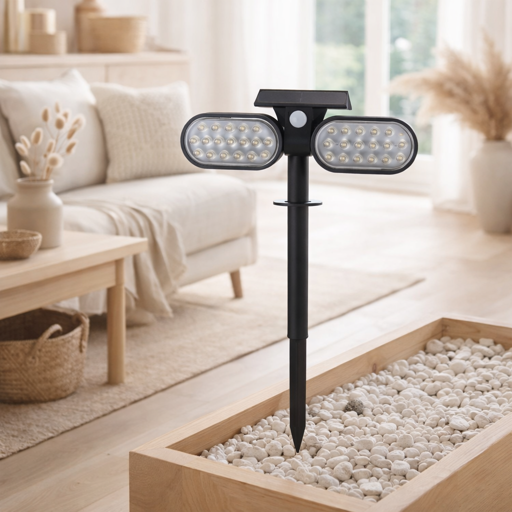 Spotlights solaires LED Paco pour la zone extérieure avec une LED, solaire et broche intégrée en permanence en plastique en noir, hauteur 31,9 cm en situation