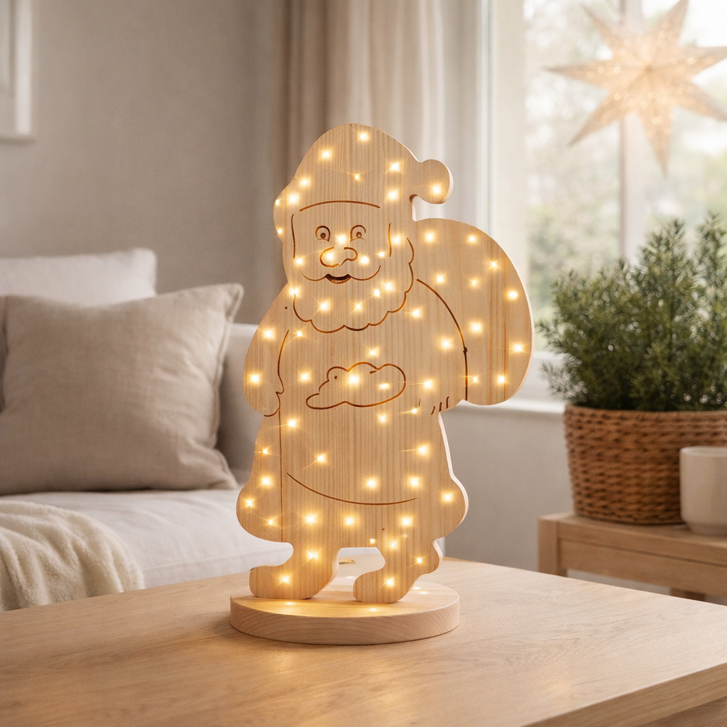 LED WOOD DECOLUM SANTAN Petites décorations de Noël en bois dans la nature, avec des LED fermement intégrées, pour la zone extérieure en situation