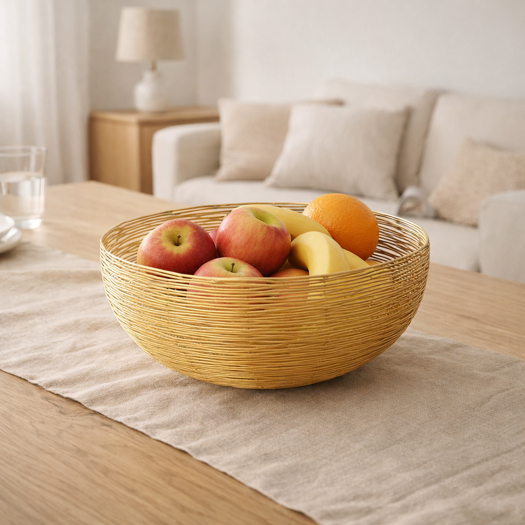Panier de fruits 4 parties Ø 30 cm h 13 cm Bol de panier à pain métal autour de la structure de fil en argent ou en orce en or en situation
