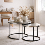 Ensemble de tables basses 2 pièces ø 55 et 45 cm table d'appoint en métal argenté tables rondes salon Carlton en situation