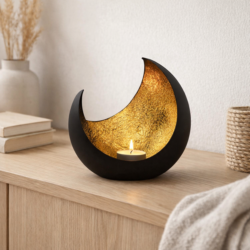 Porte-toile de cuve à 16 parties Bougeoir de bougette Lune Moon Forme Black Matt Gilded à l'intérieur en situation