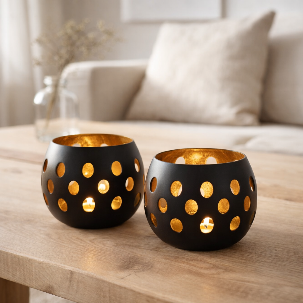 Candle Holder Set Porte-toilette en 2 parties Florin Forne Sphérique Black Matt Gilded à l'intérieur en situation