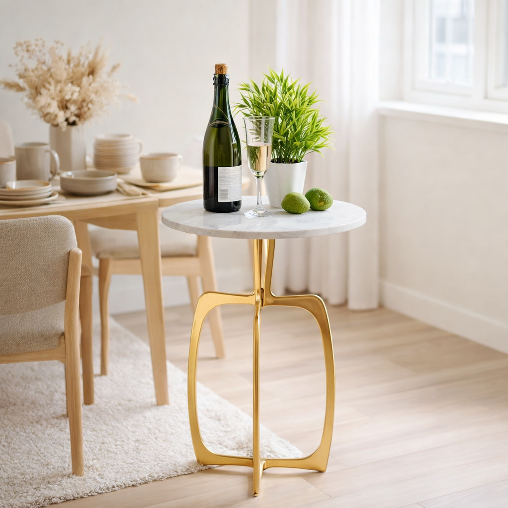 Table d'appoint métal ronde ø 45 x 56 cm table décorative marbre Sohoo cadre argent ou or en situation