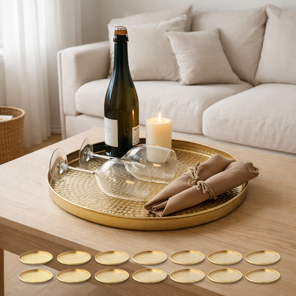 Plateau de service plateau décoratif 12 pièces métal ø 40 cm plateau à bougie rond argent ou or plateau décoratif en situation