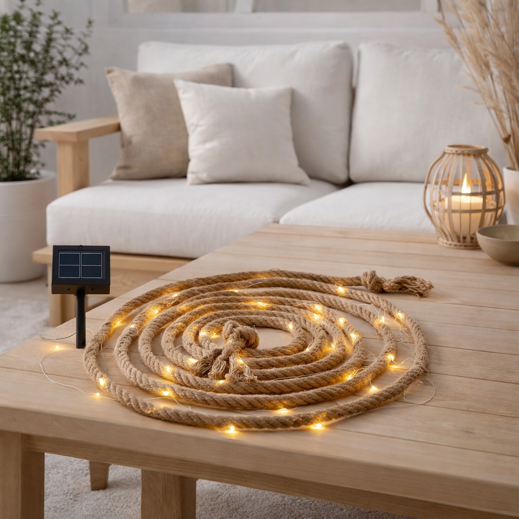 Chaîne légère solaire Canamo de la corde de chanvre dans ´natur, 8 m de long, plus 2 m de ligne d'alimentation, blanc chaud, pour la zone extérieure en situation