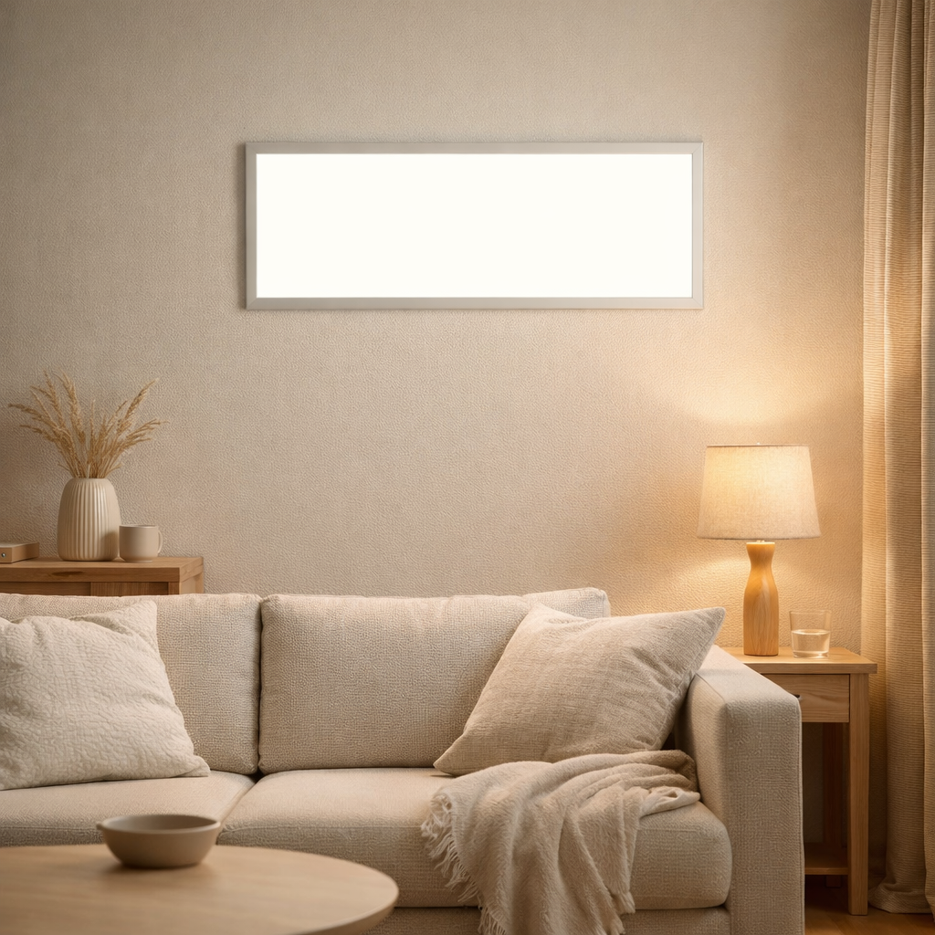 Panneau d'assemblage LED Nicola, lampe de montage en métal et en plastique avec des LED fermement construites en blanc neutre, panneau pour l'intérieur de 29,5 x59,5 cm en situation