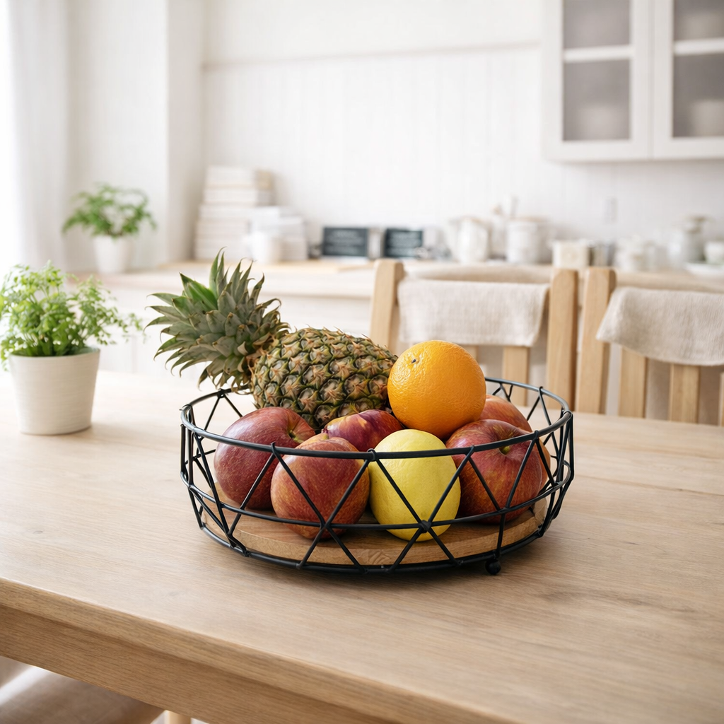 Bol à fruits panier de pain en métal autour de Neo Ø 28 cm h 10 cm Panier de fruits en métal noir en situation