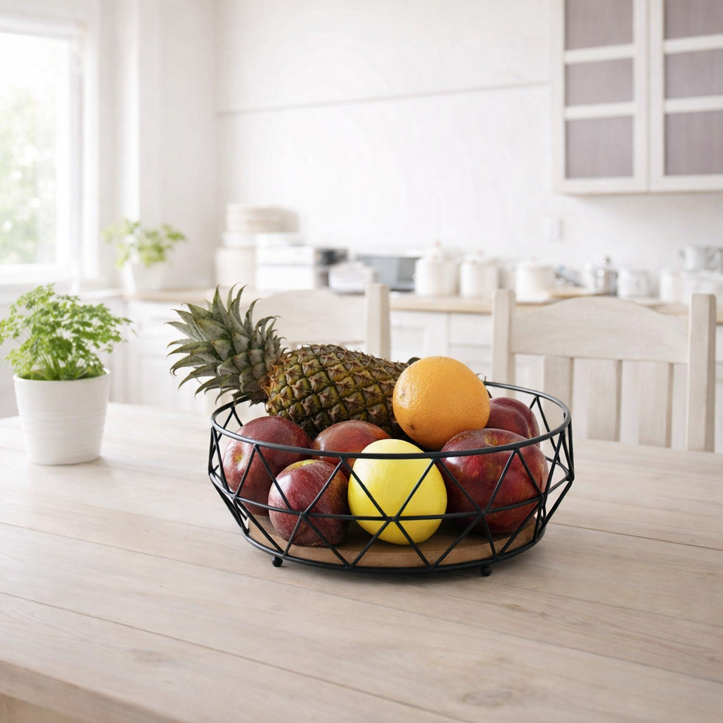 Bol à fruits panier de pain en métal autour de Neo Ø 28 cm h 10 cm Panier de fruits en métal noir en situation